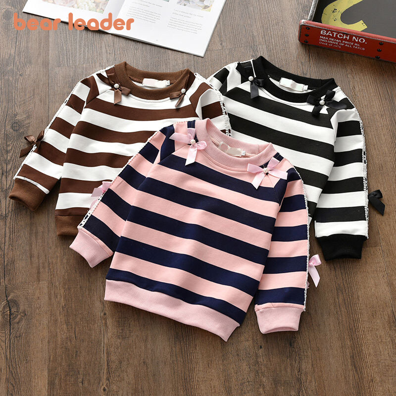 Bear Leader New Baby Girls Autumn Printed Stripe Sweater Long Sleeved Korean Girls Bottoming Shirt Bow Round Neck Sweater Kids Tops