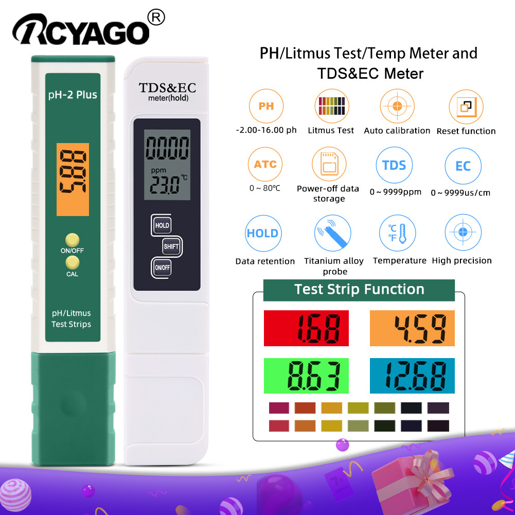 RCYAGO PH/Litmus Water Quality Tester Meter Litmus tester + TDS meter EC Conductivity Pen ATC Temperature Horticulture Drinking Water Pools