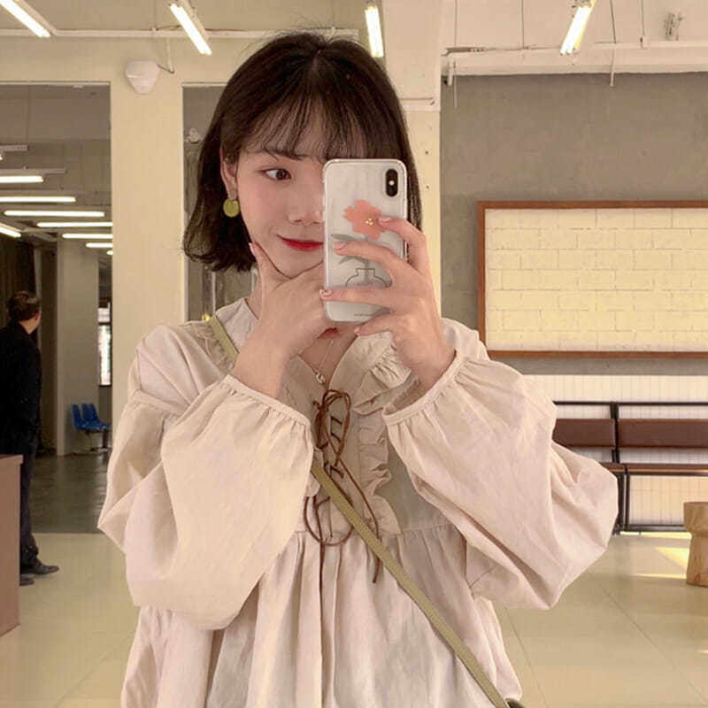 Women Lantern Sleeve Lace-up V-neck Mid-length Shirt