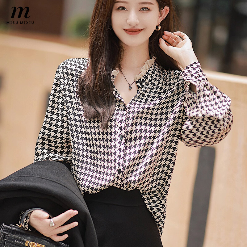 Misumixiu korean version thousand bird checker shirt women's 2023 autumn new fashion style long sleeve tops