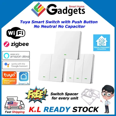 Tuya Smart Switch with Push Button No Neutral WiFi Zigbee works with Smart Life Google Home Assistant Alexa