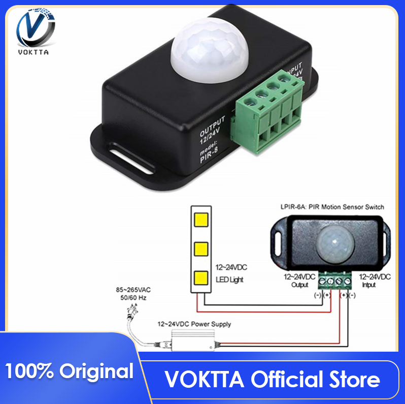 100% Original VOKTTA DC 12V 24V 8A Automatic Adjustable PIR Motion Sensor Switch IR Infrared Detector Light Switch Module for LED Strip Light Lamp