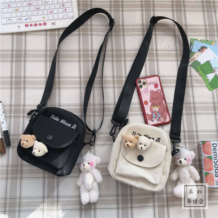 Túi Vải Bố In Chữ Phong Cách Hàn Quốc Túi Mini Cho Nữ Túi Đeo Chéo Gấu Hoạt Hình Cho Nữ Túi Đeo Vai 2022 Túi Nhỏ Cho Nữ Túi Đựng Điện Thoại