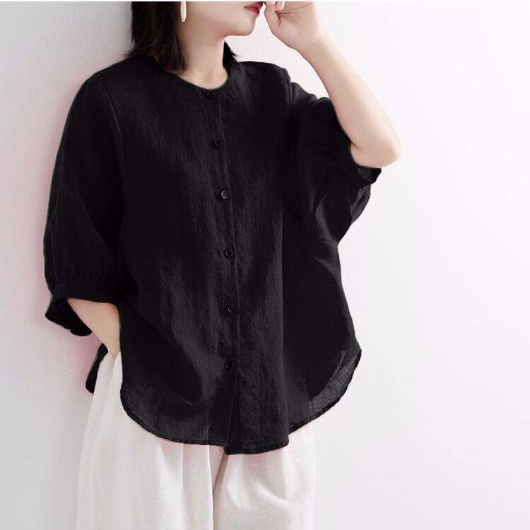 Summer Cotton and Linen Shirt Women Lantern Sleeve Retro Artistic Shirt Loose Half-Sleeve Shirt Large Size Shirt