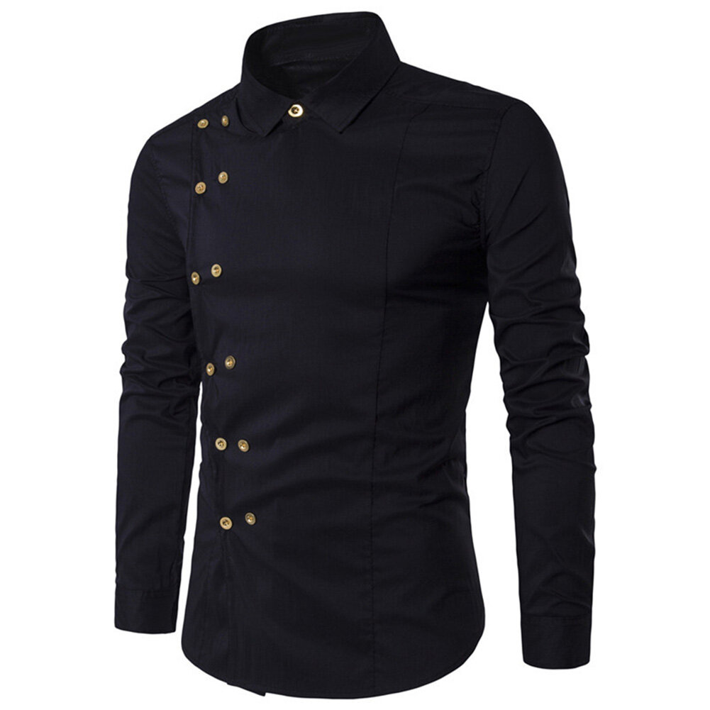 Men Long Sleeve Turn Down Collar Diagonal Double-breasted Buttons Cotton Shirt