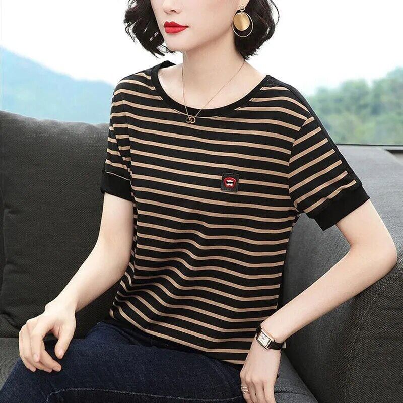Áo Thun Cotton Kẻ Sọc Đen Cho Nữ Áo Ngoại Cỡ Nữ Tay Ngắn Phong Cách Đơn Giản Mới Mùa Hè 2021, Áo Thun Dáng Rộng