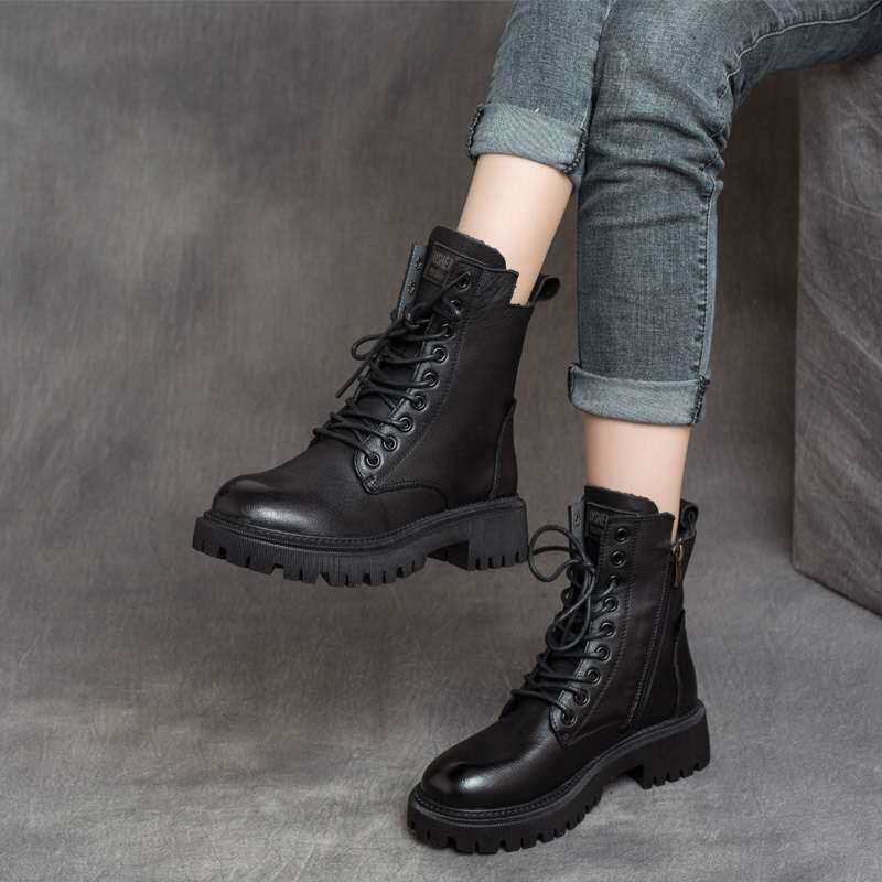 Soft Leather Martin Boots Women's Fall / Winter 2020 British Thick Bottom Short Boots Knight Boots Middle Top Martin Boots