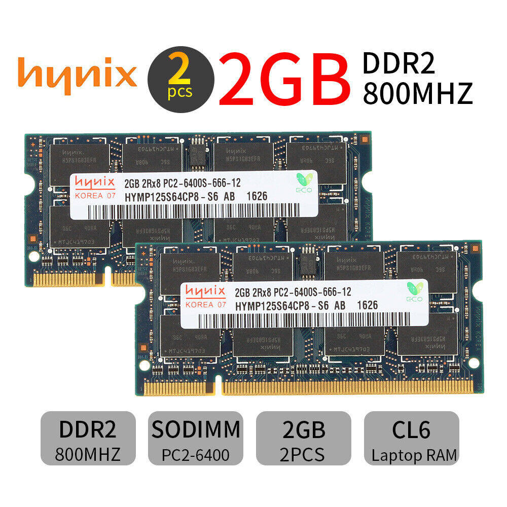 Hynix 4gb kit 2x 2gb ddr2 800mhz pc2-6400s 2rx8 200pin sodimm laptop memory ram