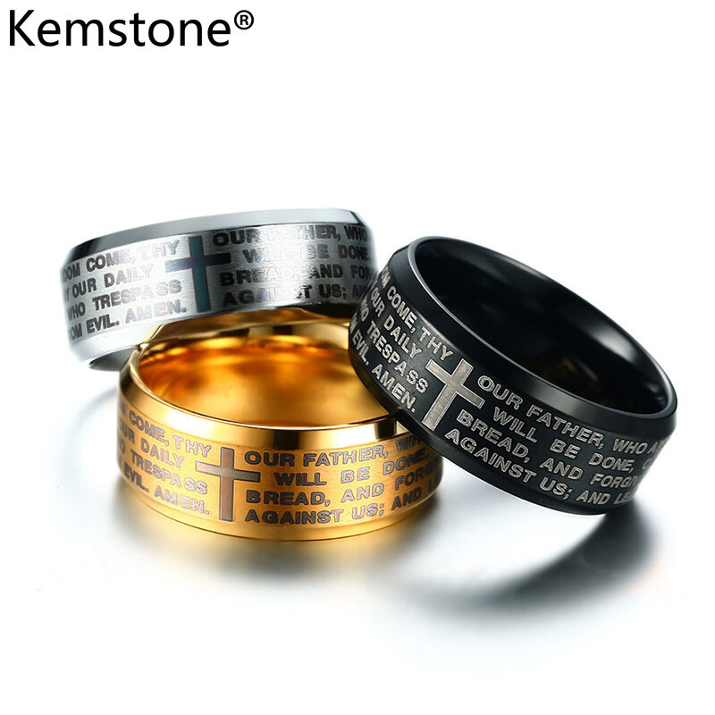 Kemstone Black Gold Silver Plated Stainless Steel Male Cross Ring Jewelry for Men