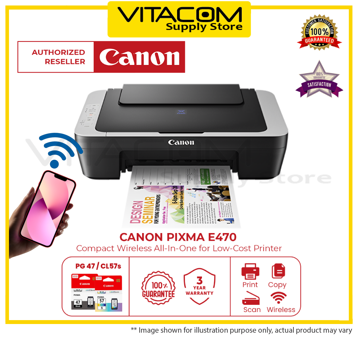 CANON PIXMA E470 E410 INK EFFICIENT WIRELESS WIRE PRINTER WIFI