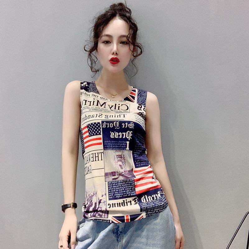 REHIN Fashion print Short paragraph Camisoles Women sleeveless t-shirt bottoming shirt