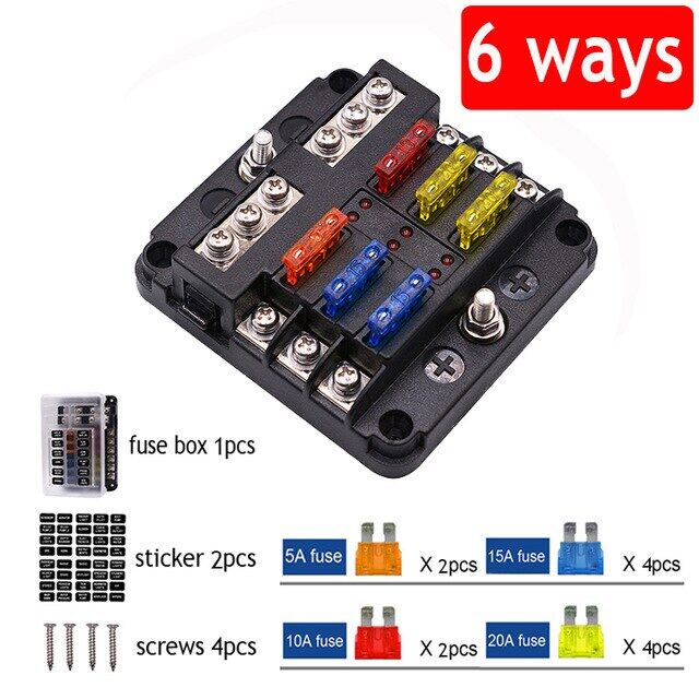 12-32V ตัวแปลงฟิวส์รถยนต์ที่เก็บฟิวส์บ็อกซ์ M5 Stud มีอินดิเคเตอร์ LED 6/12วิธีใบมีดฝาครอบกล่องฟิวส์สำหรับรถเกียร์ออโต้เรือ Marine Trike