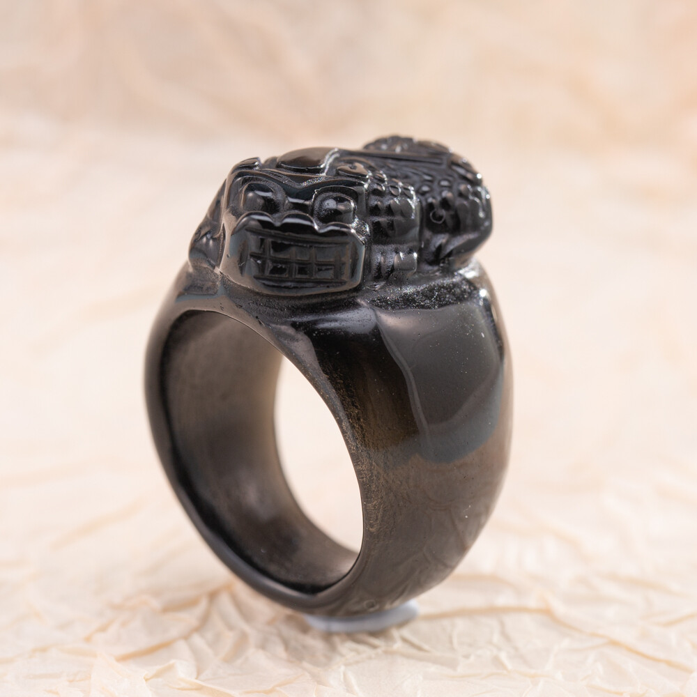 TIMESWIND Natural Obsidian Black Dragon Scripture Lucky Pixiu Ring O1R