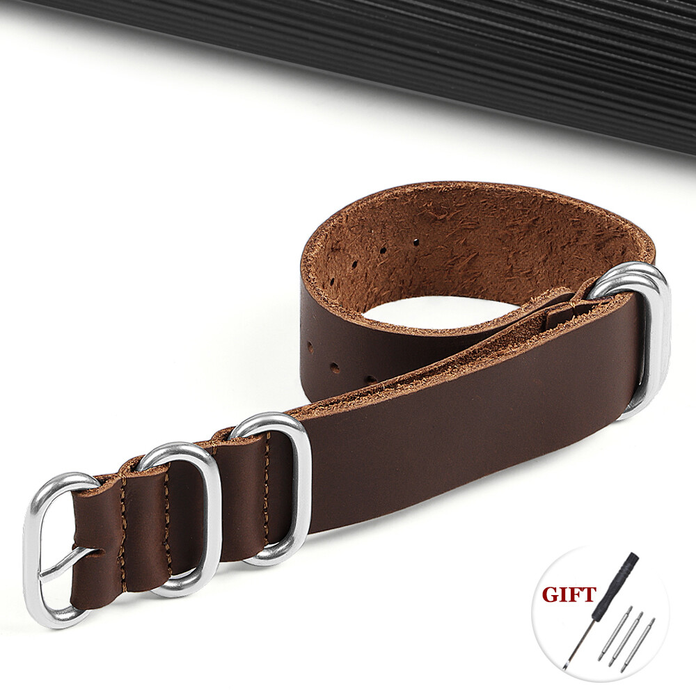LANGLEY  Watches Accessories Five-ring Zulu Cowhide Leather Watch Band 18mm 20mm 22mm Burst texture Men's Watch Strap Nato Genuine Leather Universal Wristband