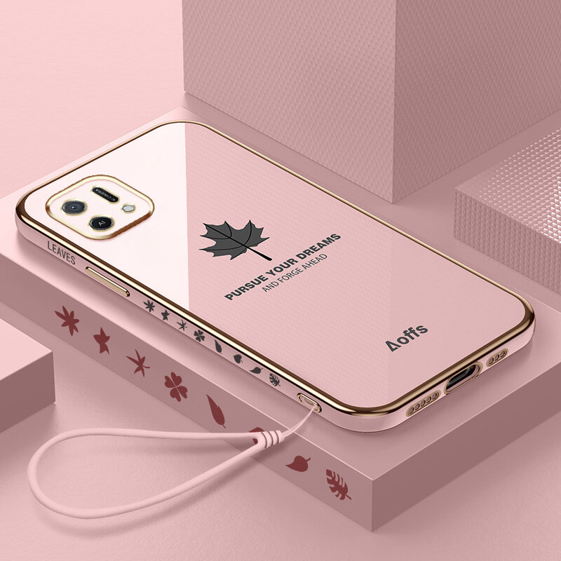 Ybd cạnh thẳng mạ Ốp điện thoại cho OPPO a16k a16e vỏ, chính xác Bảo vệ máy ảnh trường hợp họa tiết lá phong bìa với dây đeo miễn phí