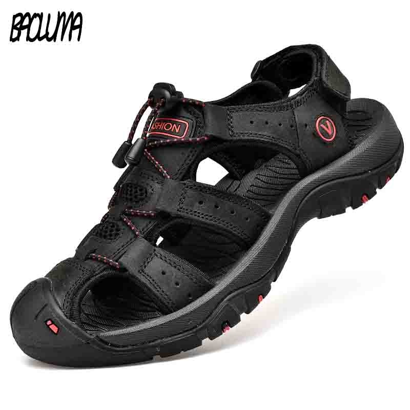 Men's Genuine Leather Summer Sandals – Beach Outdoor Soft Slippers, EU 45 / UK 9