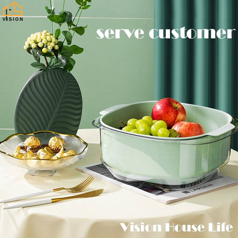 Vision Double Layer Vegetable Washing Basin Drain Basket Multi-Functional Detachable Drainage Basket Bowl Household Plastic Fruit Basket Kitchen Storage Strainer Leakage Filter Basket