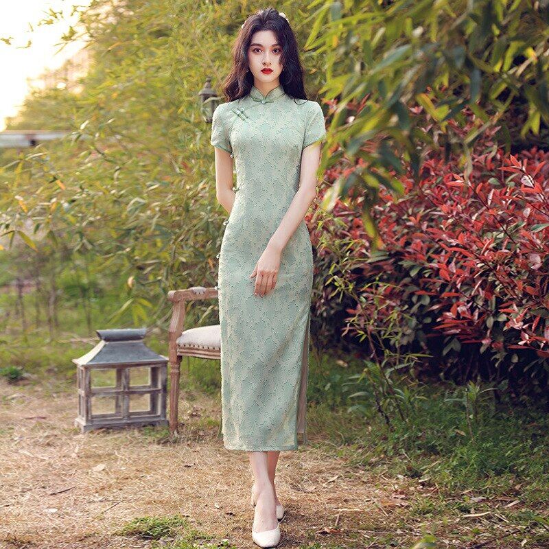 Improved Cheongsam Vintage Chinese Style Dress Female Summer Long Dress 2022 New Girl Green Elegant Qipao