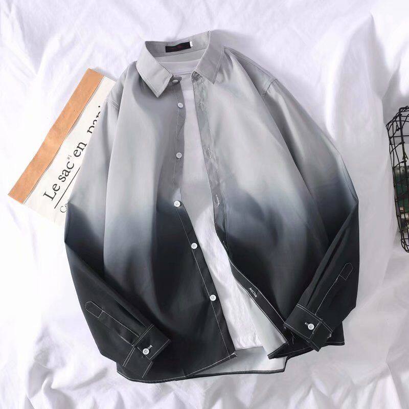 Mens Gradient Long-sleeves Shirt Coat Korean Fashionn Trendy Casual Clothes