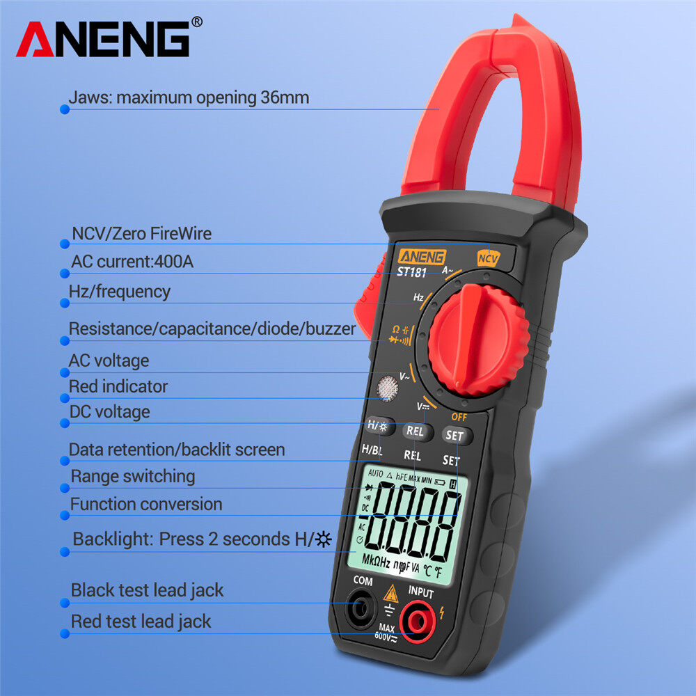 ANENG ST181 4000 Counts Digital AC Current Clamp Meter 400A Automatic Range Multimeter with Backlight Voltage Meter Clamp Gauge NCV Test Clamp Ammeter Universal Meter Tester Measuring Capacitance/ Diode / AC Current / AC/DC Voltage / Resistance
