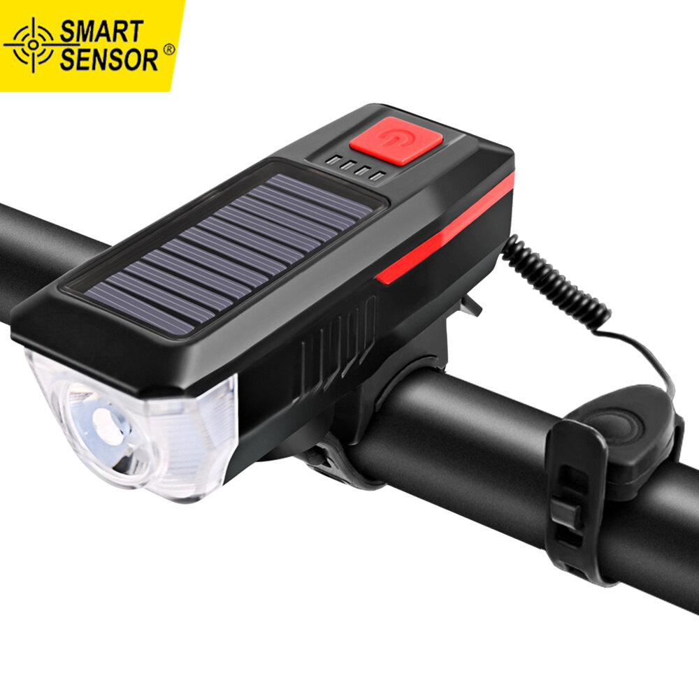 Smart Sensor Solar / USB Charging Bike Light Bicycle Bell Horn Lamp Bike Flashlight Bike Front Light USB / Solar-charged Rechargeable Waterproof Cycling Headlight with3 Lighting Modes 5 Sounds Fits Mountain Road Bike