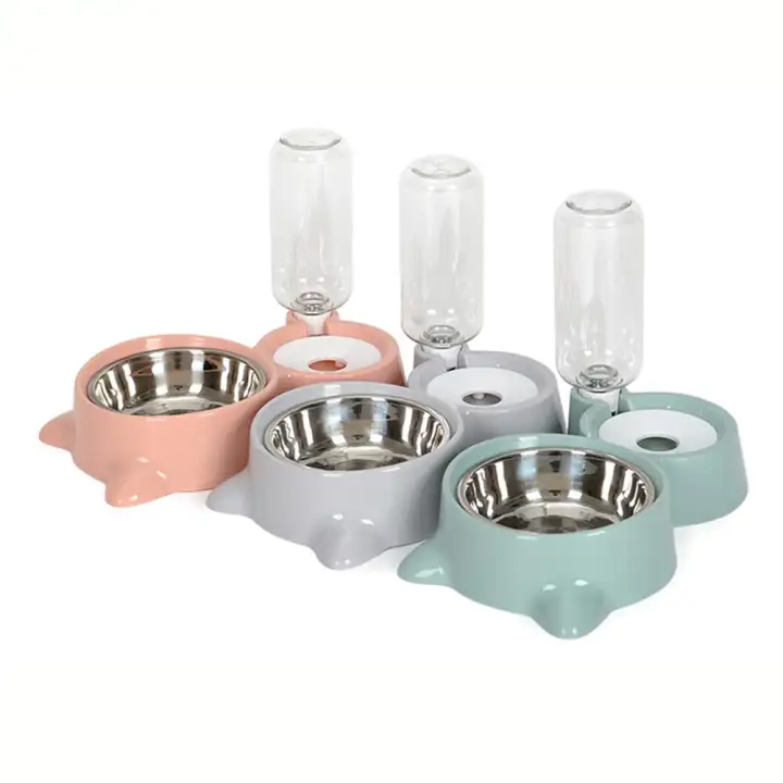 Pet Dual Bowls Automatic Food Feeder Water Fountain No Wet Mouth