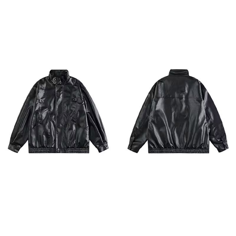 VUNC Men's classic simple oversized cowhide stand collar black leather jacket biker leather jacket