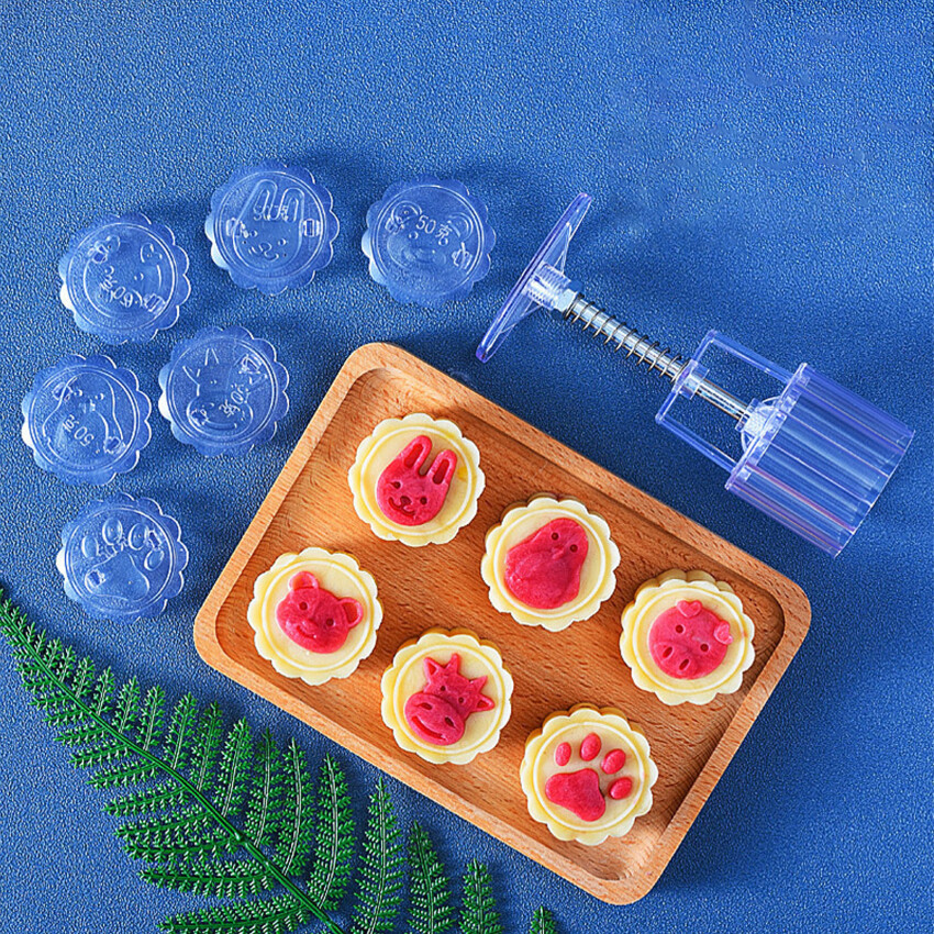 50g Manual Moon Cake Mold - Biscuits Stamp,Mid Autumn Festival DIY Hand Press Cookie Stamps Pastry Tool Moon Cake Maker, 1 Mold 6 Stamps
