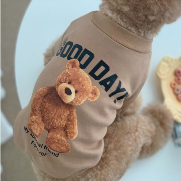 AuntieCindy Pet Clothes Korean Style Cute Good Day Bear Printed Apparel Costume for Dog Cat Puppy Shihtzu