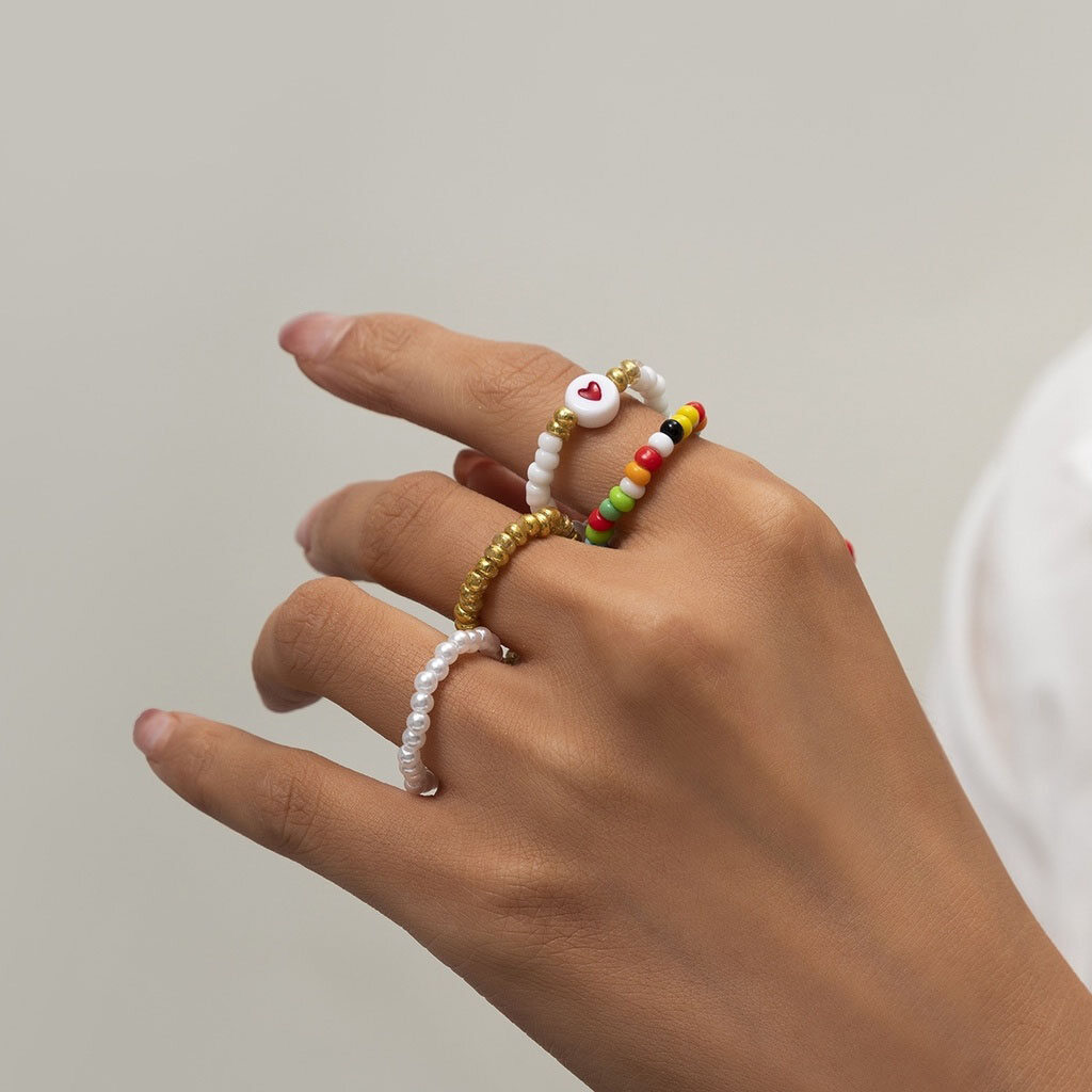 17MILE Korean Silver Butterfly Crystal Rings Set Elegant Simple Design Ring for Women Pearl Elastic Rings Bohemian Adjustable Ring Jewelry Fashion Accessories