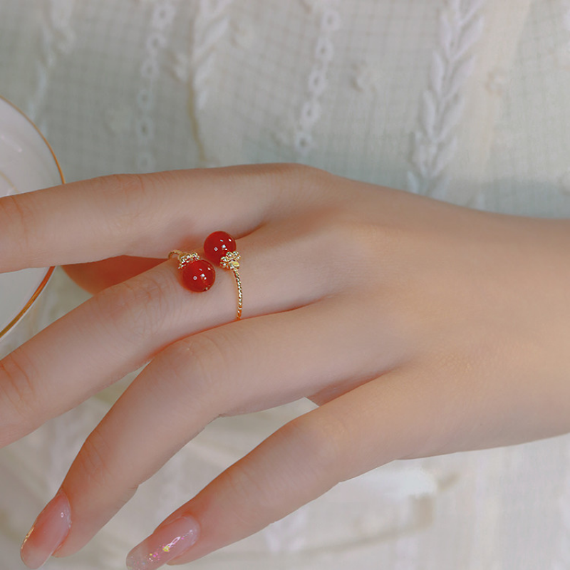 18K Gold Natural Hetian Jade Red Agate Round Ring For Women