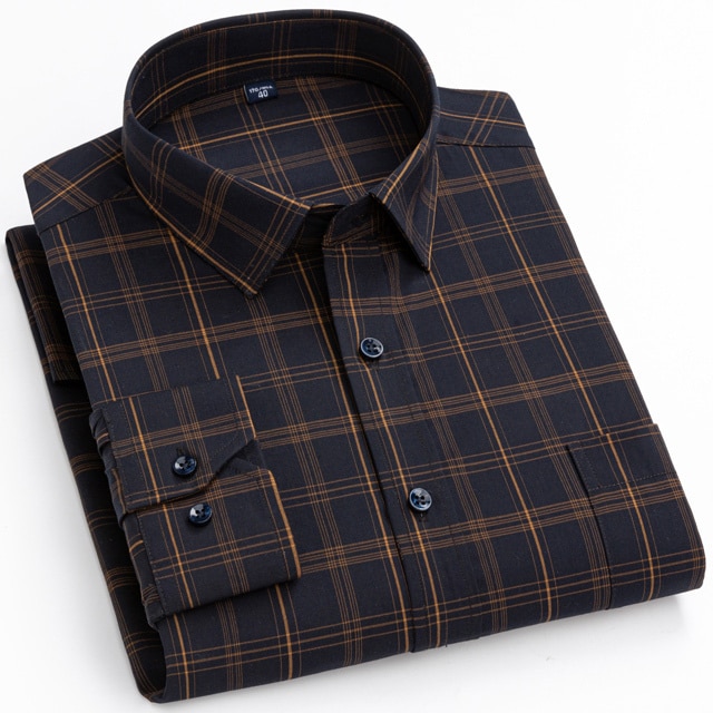 Men's Casual Plaid Striped Stretchy Bamboo-Fiber Shirts Single Chest Pocket Comfortable Standard-Fit Long Sleeve Dress Shirt