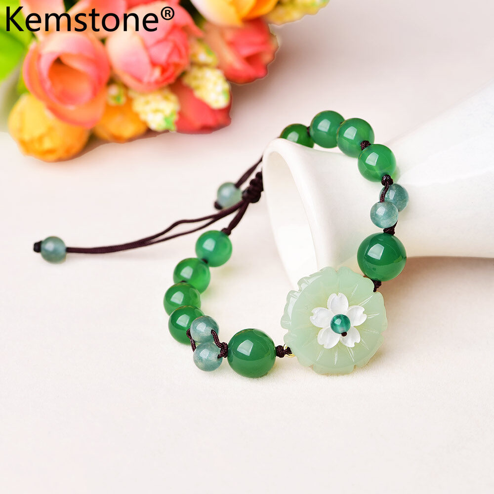 Kemstone Fashion Woven Rope Natural Green Jade Agate Beads Bracelet Jewelry Gift for Women Girls