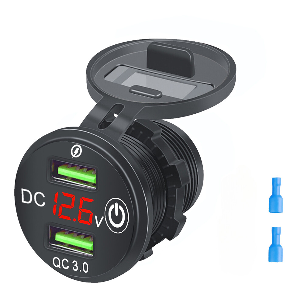 12-24V QC 3.0 Dual USB Charger Socket Waterproof Power Outlet Adapter with Touch Switch for Vehicle Boat Truck Motorcycle