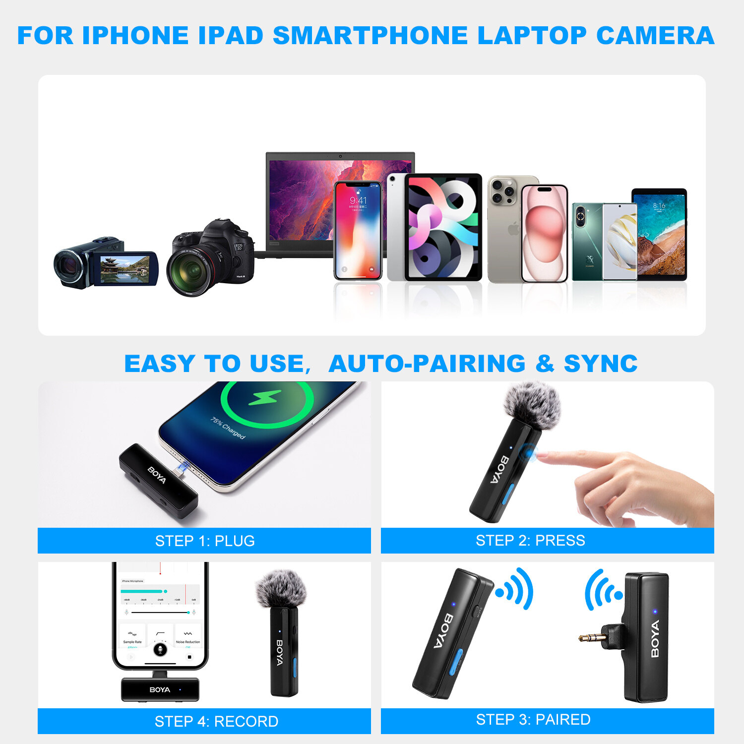 Boya boyalink A1/A2 micrô cho Iphone Lavalier không dây/Android/Camera/DSLR/iPhone 15, với bộ điều hợp sét USB-C 3.5mm TRS, khử tiếng ồn, phạm vi 100M cho các cuộc phỏng vấn PC, vlog, phát trực tiếp
