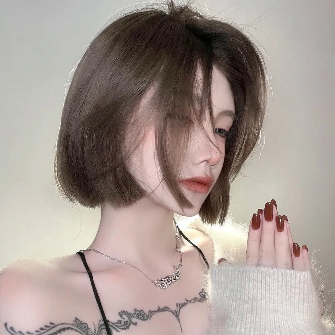 Wig Female Short Hair Split Bob Head Korean Hairstyle Wigs for Women Collarbone Hair Natural Girl Full Head Cover