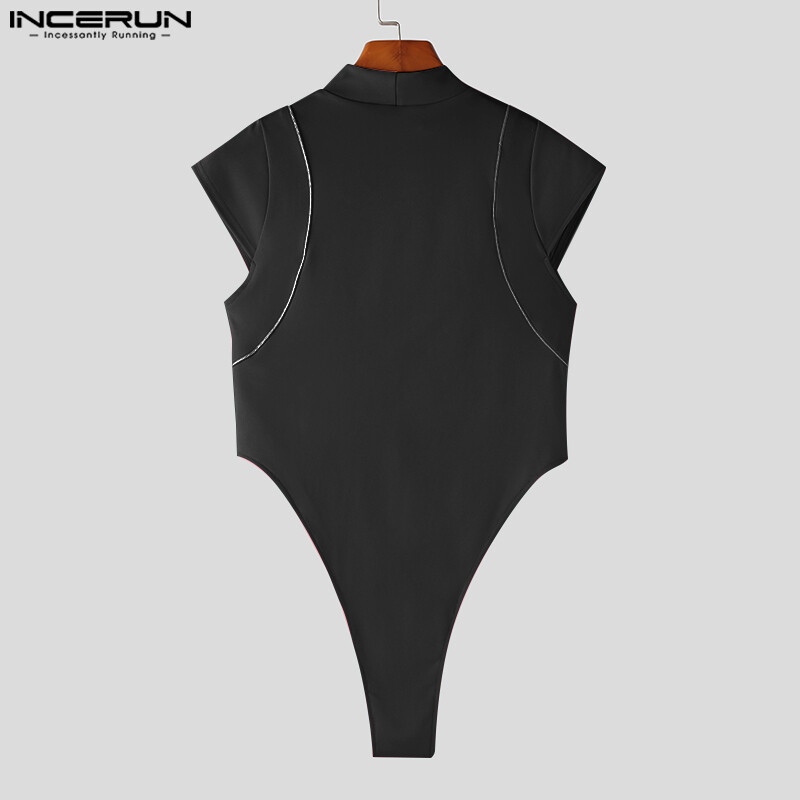 INCERUN Mens Sleeveless Plain Cargo Patchwork High Neck Plain Sleepwear Jumpsuits (Homewear)