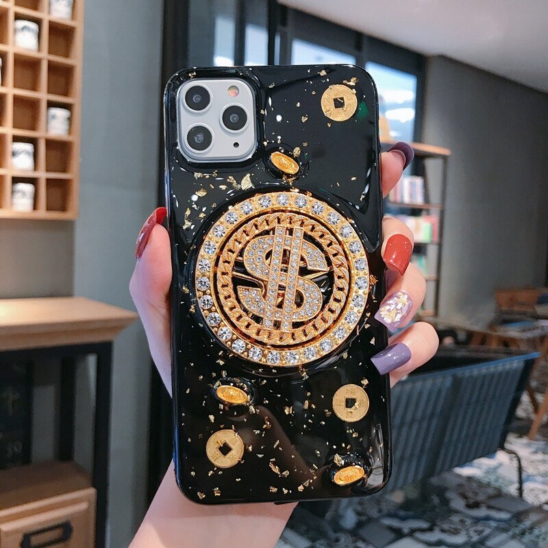 Free Rotation Shiny Rhinestone Lucky Metal Coins Protective Case for IPhone 15 Pro Max 14 Plus 13 Pro 12 11 XR XS Max SE 7 8 Plus Clear TPU Shockproof Cover