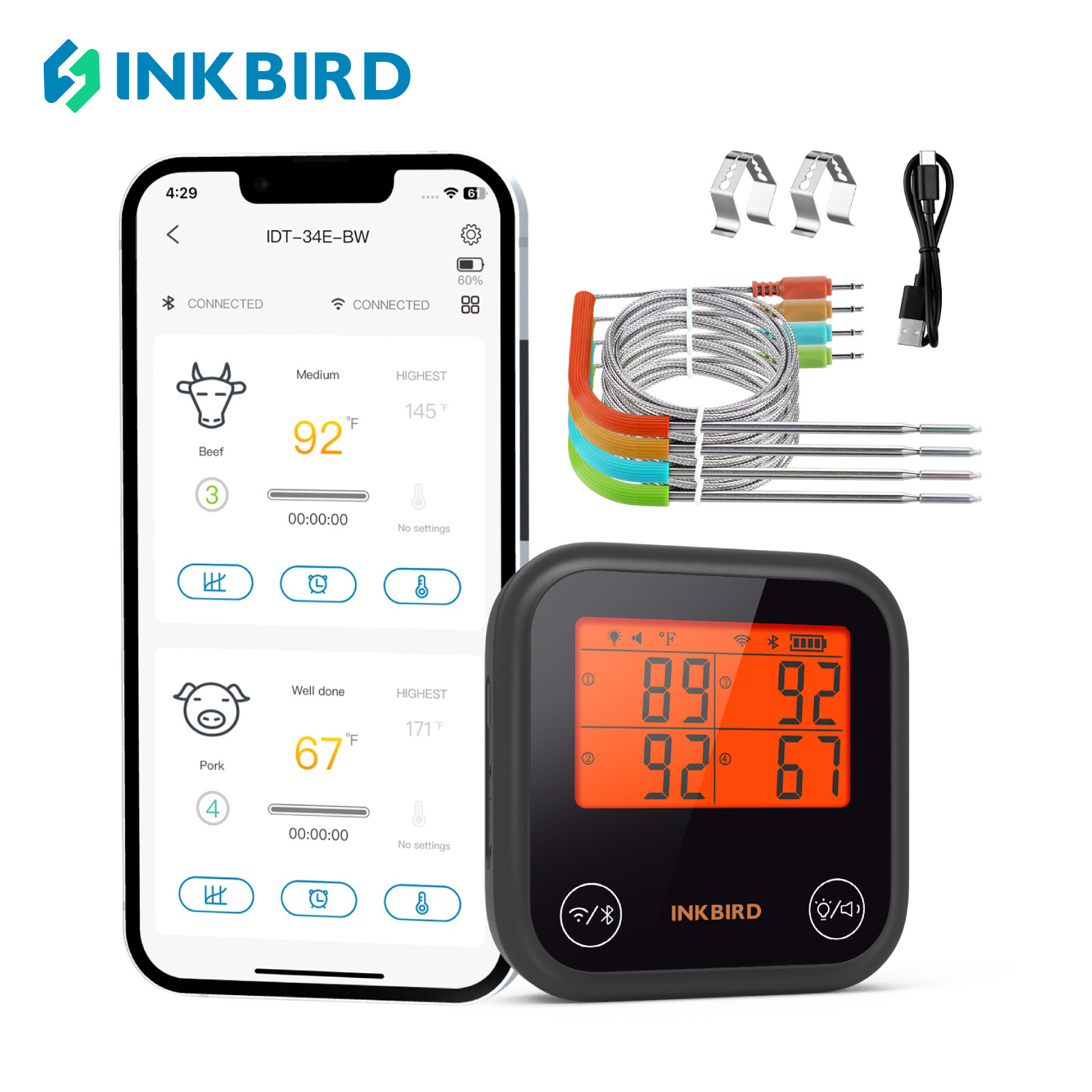 INKBIRD IDT-34E-BW Bluetooth & WiFi Dual Mode Wireless BBQ Ther-mometer Bluetooth 5.3 and 2.4 GHz WiFi with Custom Tem-perature and Time High Low-Tem-perature Alarms Tem-perature Pre-Alarms ราคา 3,444 บาท*ส่งฟรี