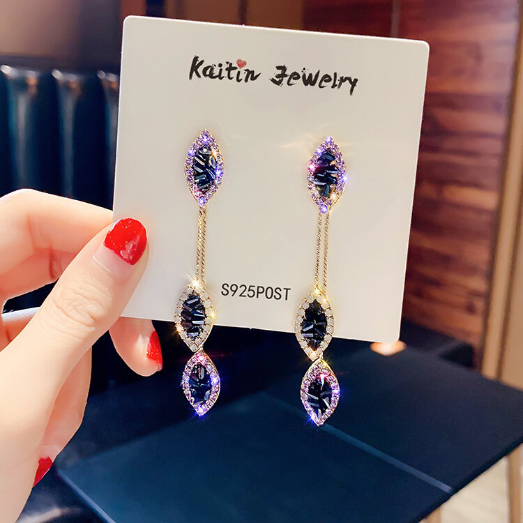 Frascati Long Tassel Leaf Drop Earrings For Women Fashion Purple Crystal Dangle Earring Party Fashion Jewelry Gifts