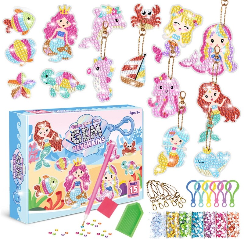 15 Pack Diamond Painting Keychain DIY Arts and Crafts Kits for Kids and Adult Beginners Mermaids Marine Animals