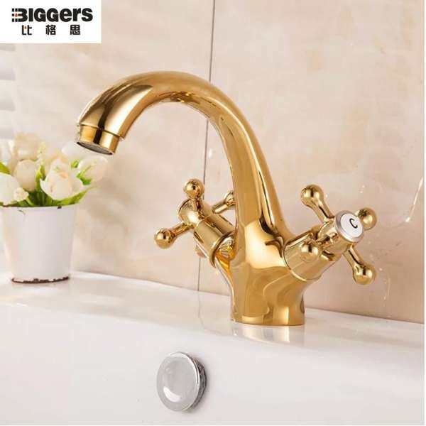 Biggers vệ sinh thiết kế Cổ Điển Sang Trọng màu Vàng bằng Đồng phòng tắm lưu vực vòi Đôi tay cầm điều khiển lạnh nước nóng tập trộn với đường ống