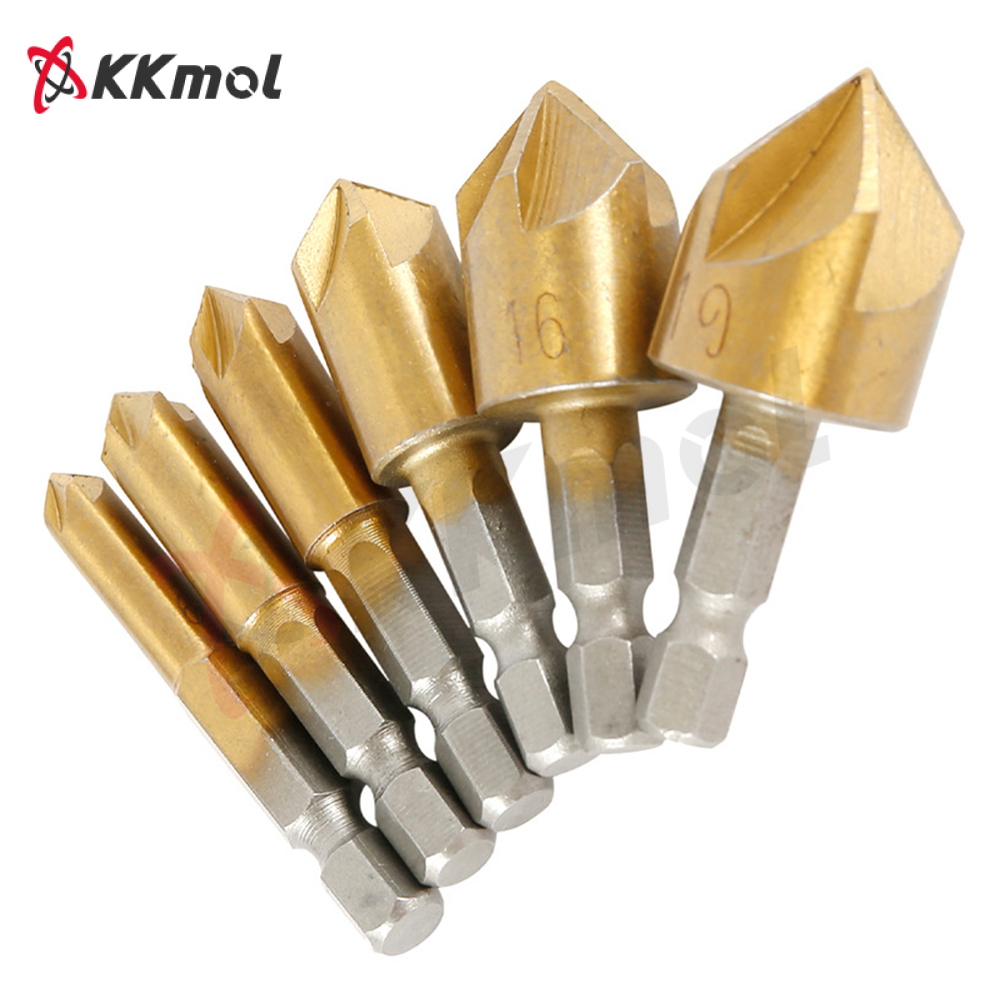 KKmol 6pcs Countersink Drill Bit Set 1/4'' Hex Shank HSS 5 Flute Countersink 90 Degree Wood Chamfering Cutter Chamfer 6mm-19mm