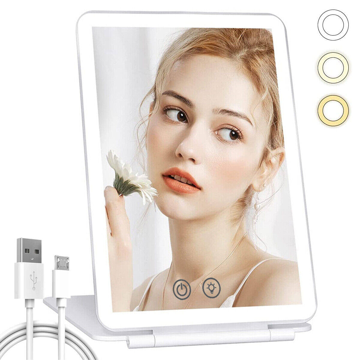 Gương Mỹ Phẩm 3 Chế Độ Ánh Sáng Gương Trang Điểm Màn Hình Cảm Ứng Gương Trang Điểm Gập Được Gương Có Thể Sạc Qua USB LED Gập Được