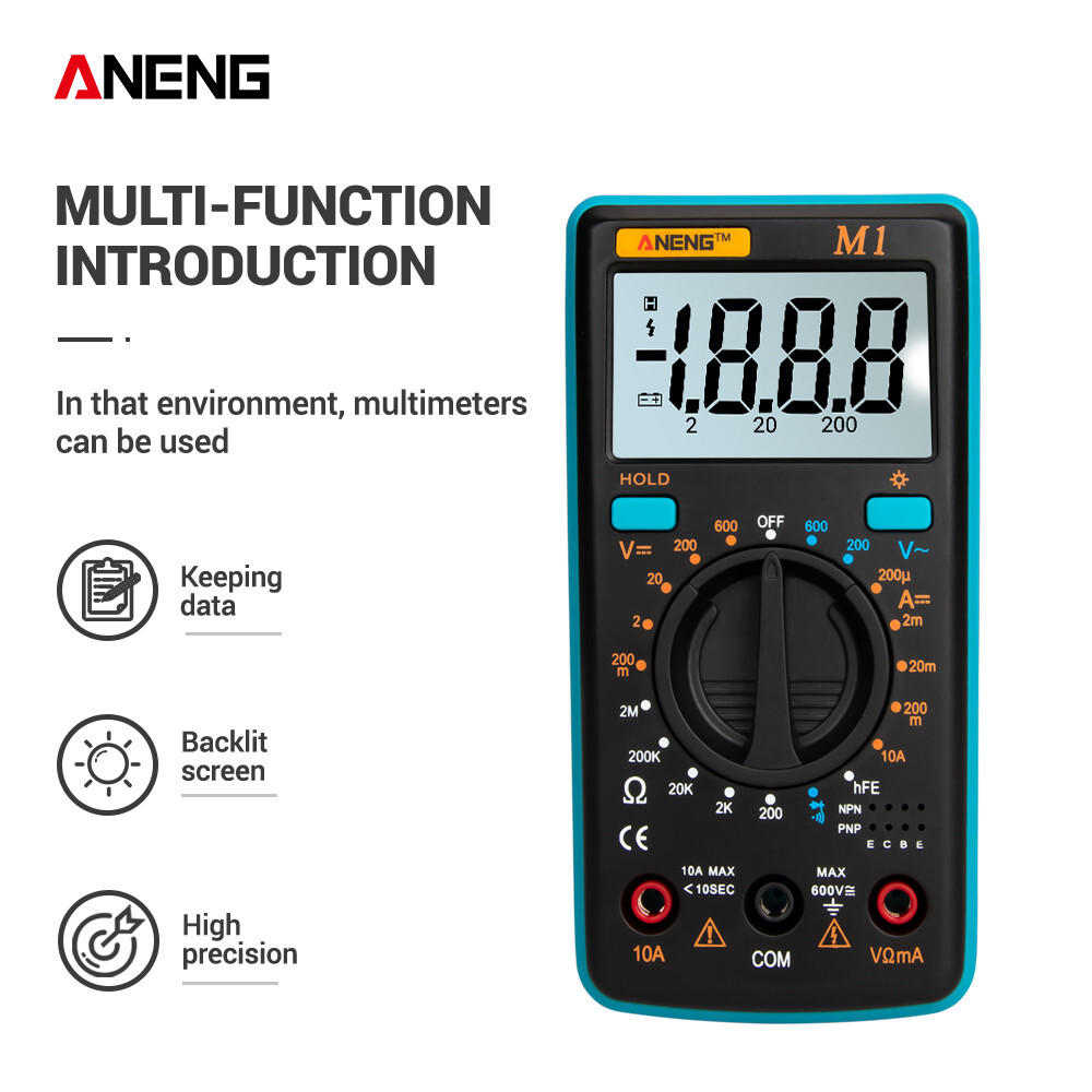 ANENG M1 Handheld Digital Multimeter LCD Backlight High Precision AC/DC Voltage Current Resistance Transistor Continuity Tester Overload Protection