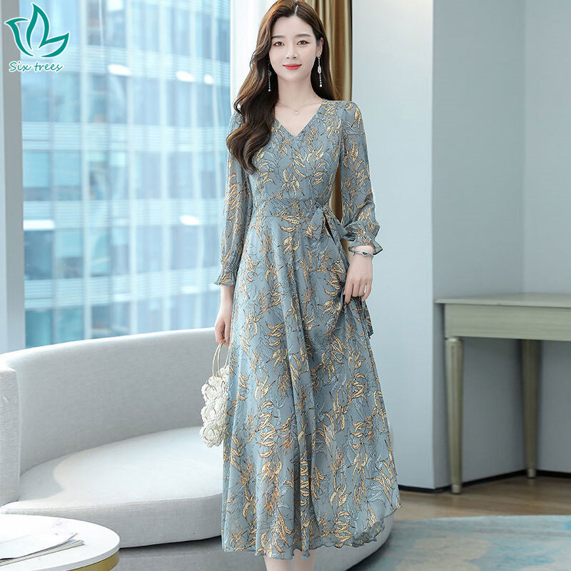 Guima women dress, new style big swing dress, middle waist, V neck long sleeve slim fit dresses, cheongsam fashion print dress Beach maxi dress women bigsize dress middle-aged dress cheap women skirt 1K long maxi dress