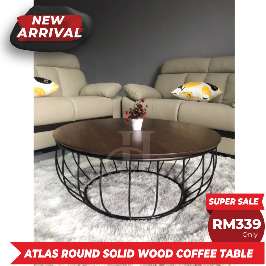 I HOME ATLAS Round Coffee Table Solid Table Top with Metal Leg / Meja