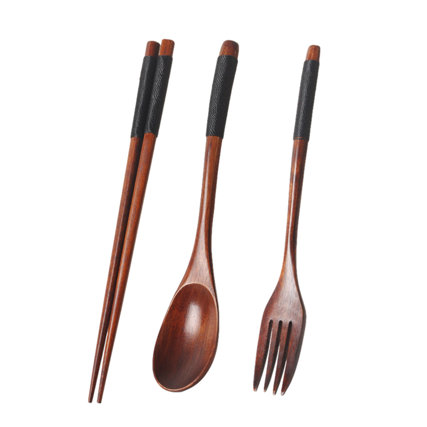 Wooden Flatware Set, 8.8"Chopsticks Spoon Fork Flatware Tableware Cutlery Set Travel Utensils Tied Line Reusable Flatware for Camping,Picnic,Office or Home (3 pcs )