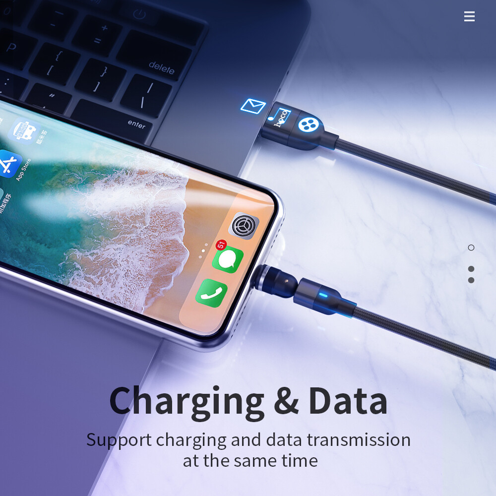 Cáp Nam Châm Hoco 3 Trong 1, Đầu Tròn Sạc Nhanh 3A Xoay Type-C /Micro USB/Chiếu Sáng Cho iPhone HUAWEI OPPO ViVO