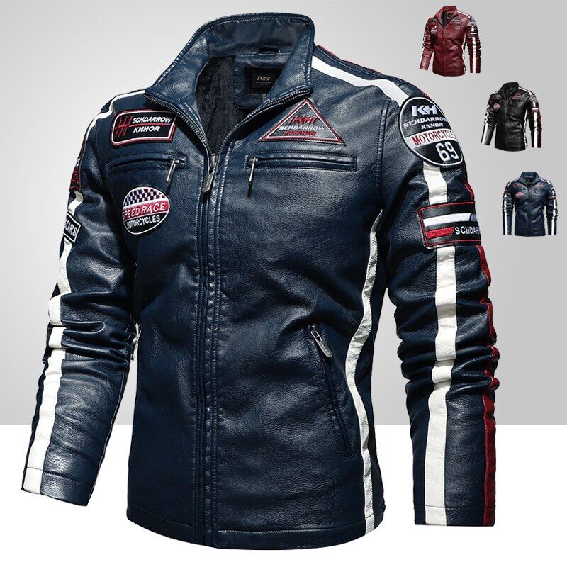 Mens Vintage Motorcycle Jacket 2022 Men Fashion New Biker Leather Jacket Male Embroidery Bomber Coat Winter Fleece Pu Overcoat